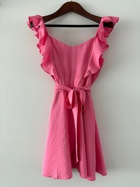 Francesca's Collections Pink Ruffle Belted Dress